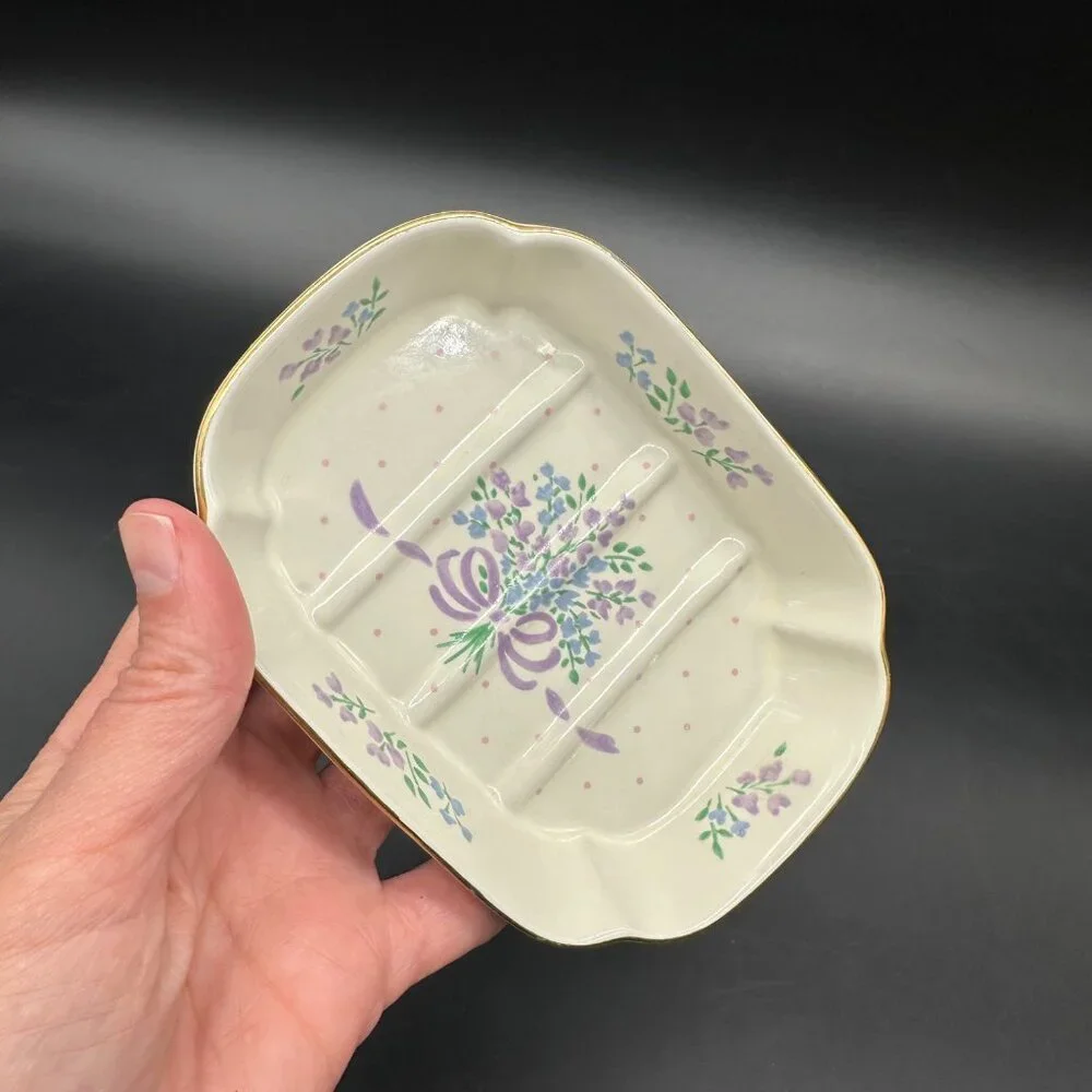 Vintage Floral Soap Dish Cottagecore 1980s Purple Blue Flowers Ceramic Romantic